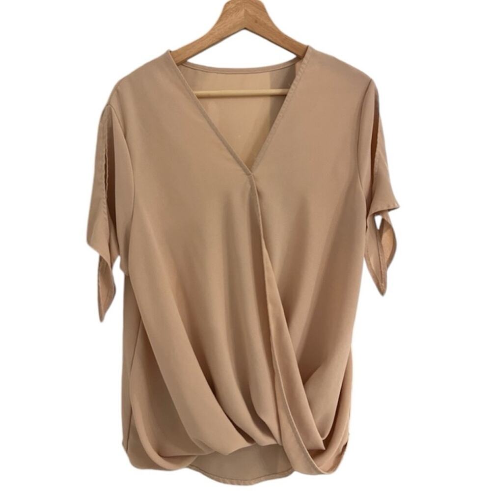 Beige Chiffon Crossover Blouse, Tie Sleeves Women’s Size L